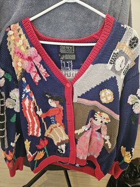 Berek Vintage-Inspired Navy & Pink Knit Cardigan Sweater
